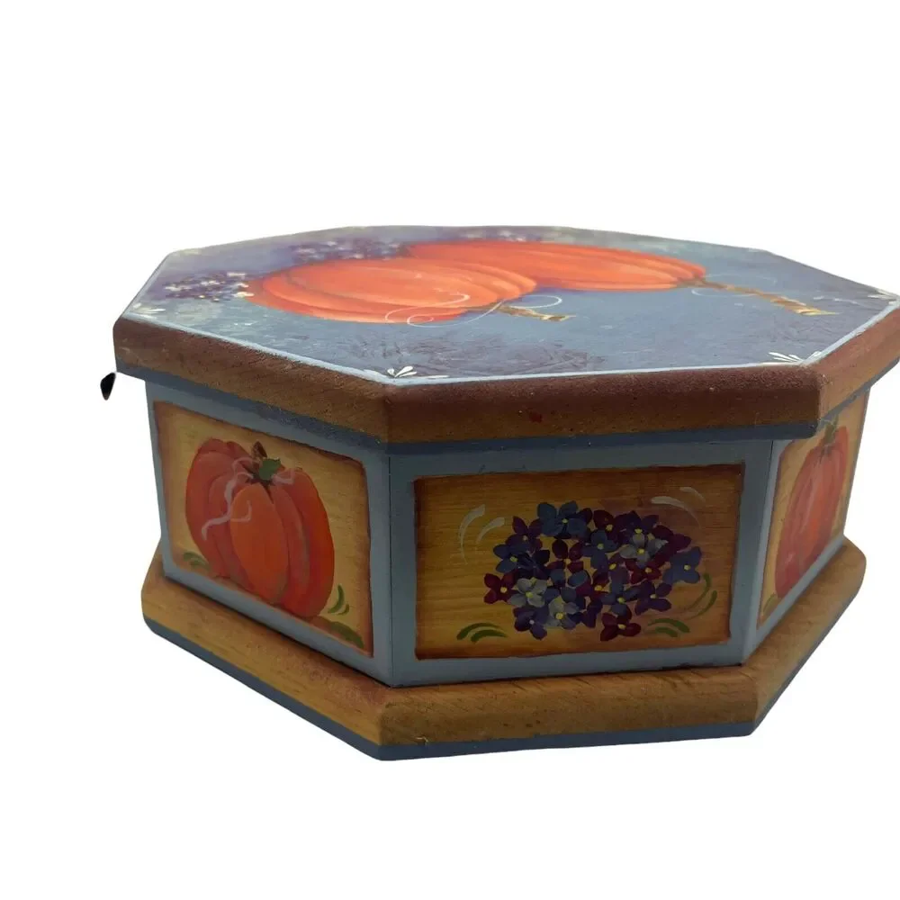 Pumpkin Painted Wooden Box Tole Paint Fall Harvest Thanksgiving Vintage Art